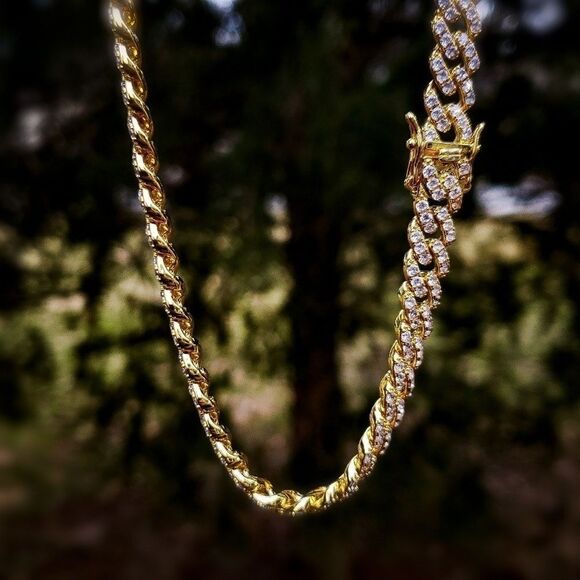 14k GP 9mm Full Stone Cuban Link Necklace 20'' - Picture 1 of 3